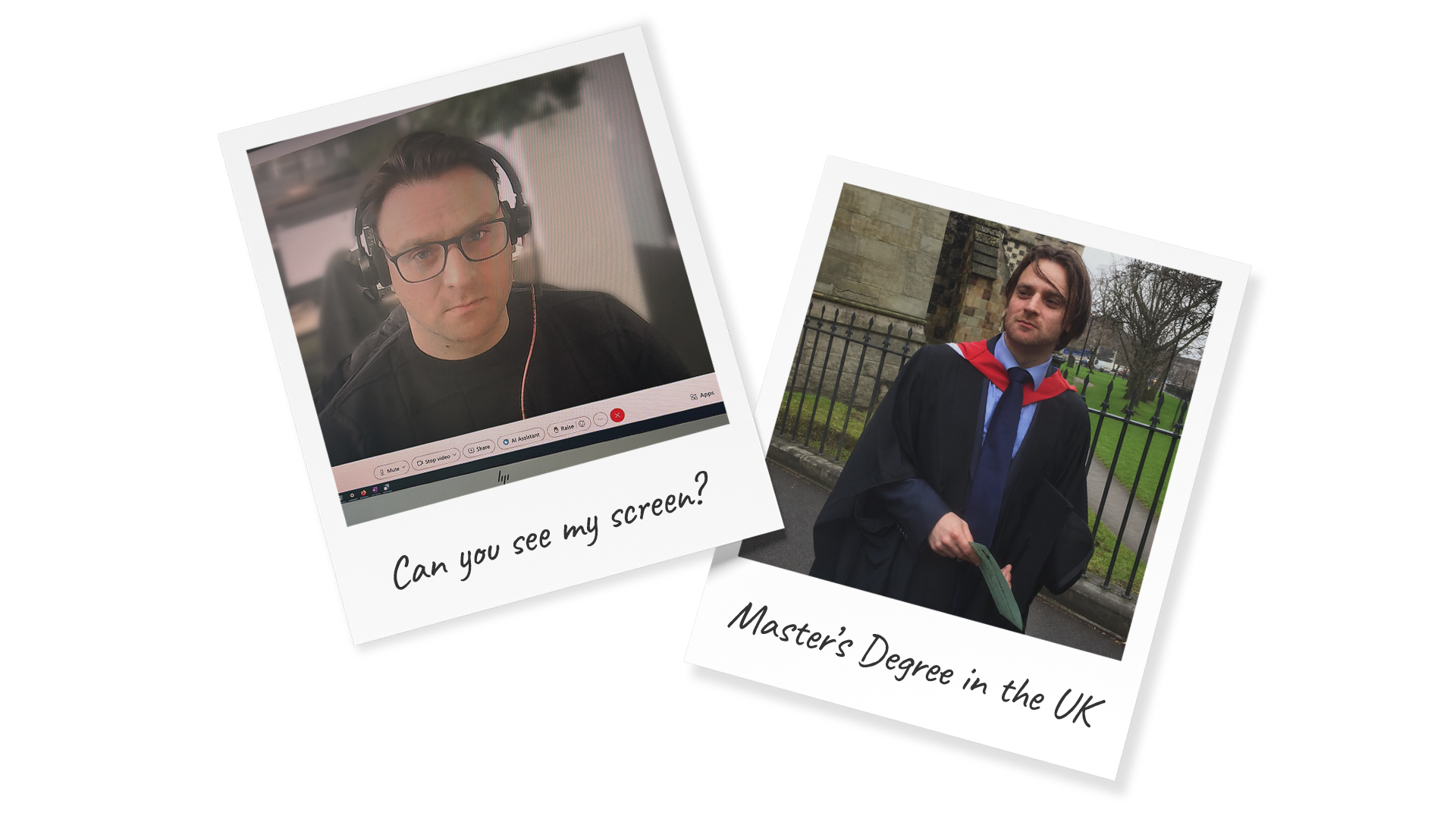 Polaroid images of Tudor-Dan Petrescu: one on a web call at his desk, one of him getting his master diploma