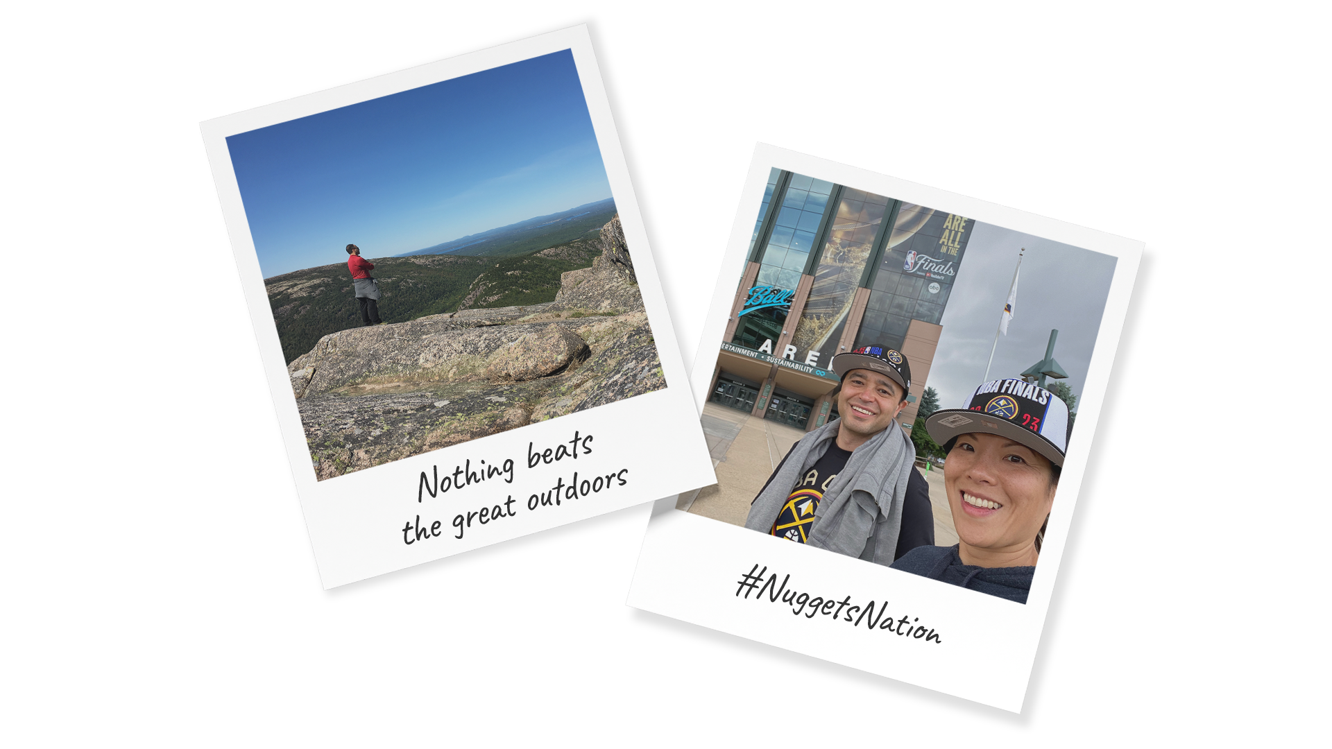 Polaroid images of Marco Vivas: hiking outdoors in the mountains, and one with his wife in front of a basketball arena in Denver. Colorado.